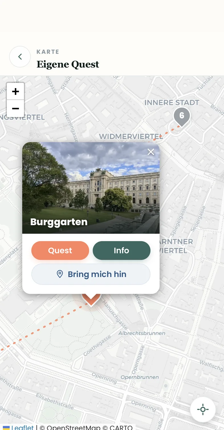 Kartenansicht der eigenen Quest mit Route und angetipptem Pin Burggarten