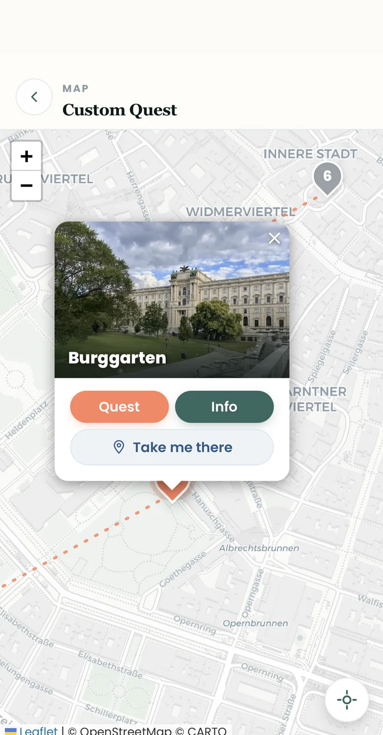 Map view of your custom quest with route and the tapped Burggarten pin