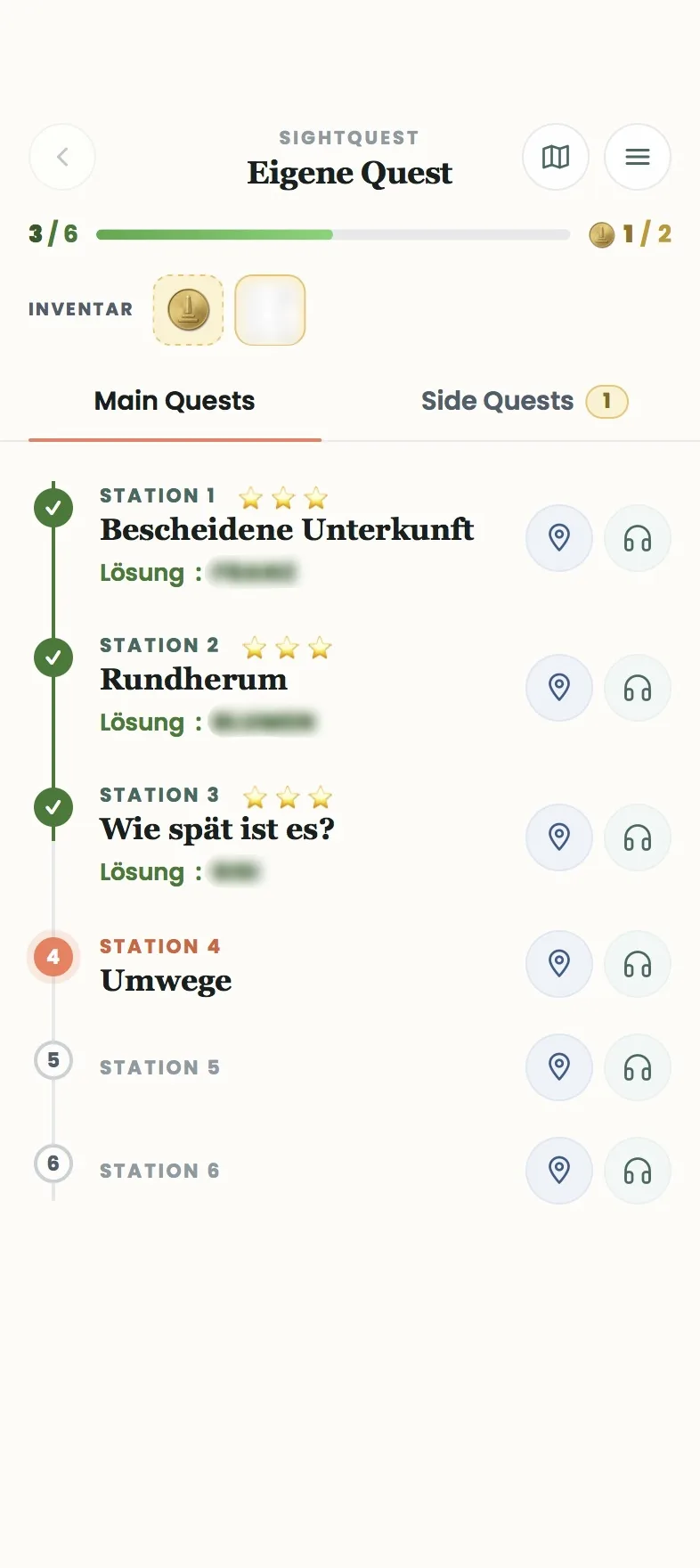 Quest-Übersicht mit Fortschritt, Inventar und Stationsliste
