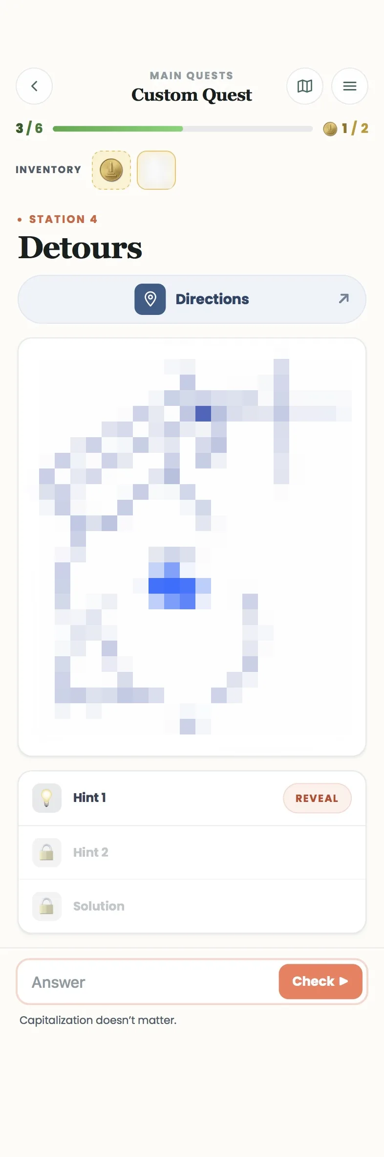 Main Quest puzzle screen with image, hints and answer field