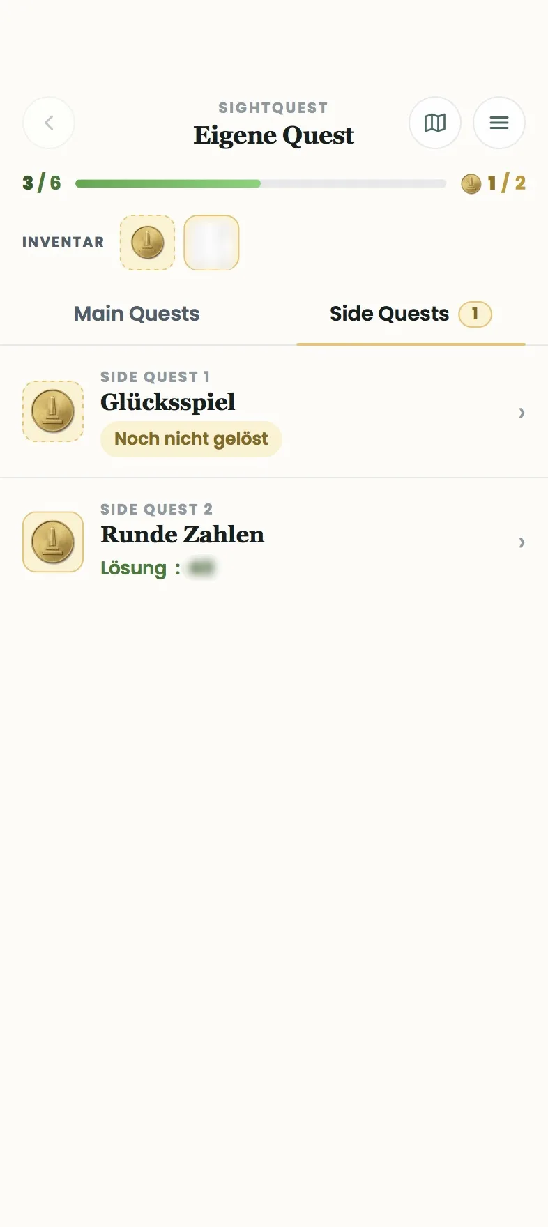 Side-Quest-Übersicht mit einer offenen und einer gelösten Bonus-Aufgabe