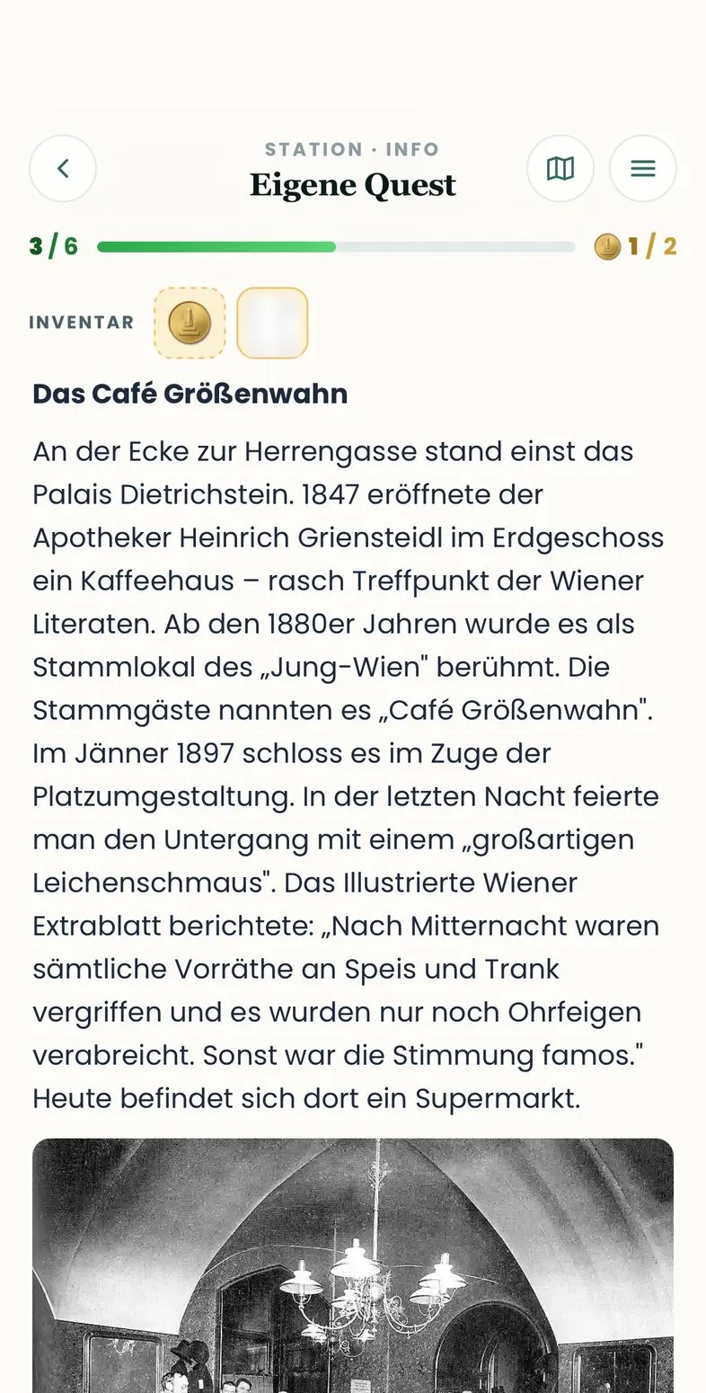 Info-Ansicht mit Infotext und historischem Bild zur Station