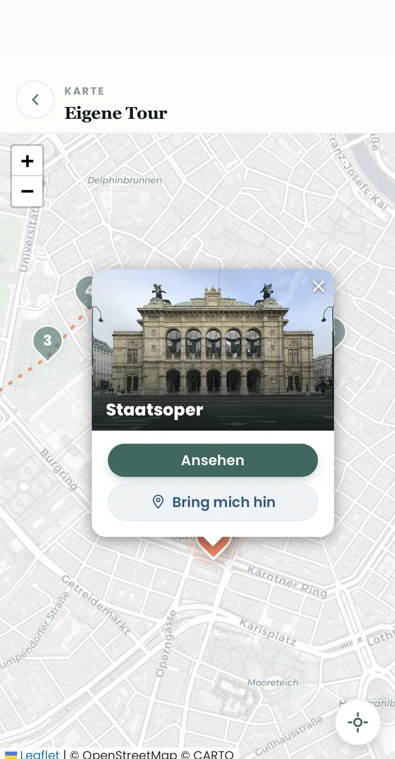 Kartenansicht der eigenen Tour mit Route und angetipptem Pin Staatsoper