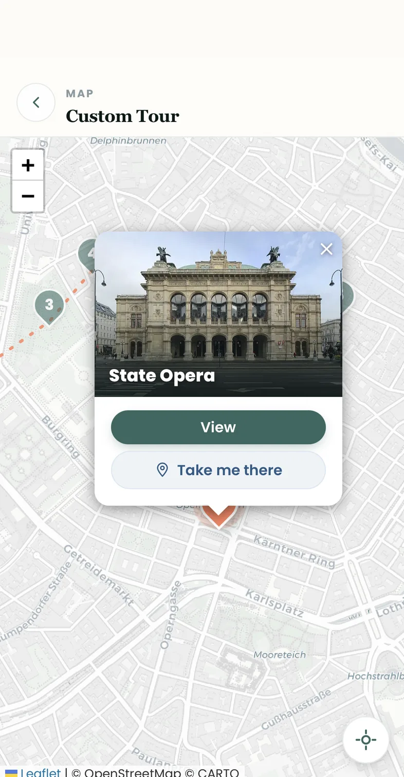 Map view of your custom tour with route and the tapped Staatsoper pin