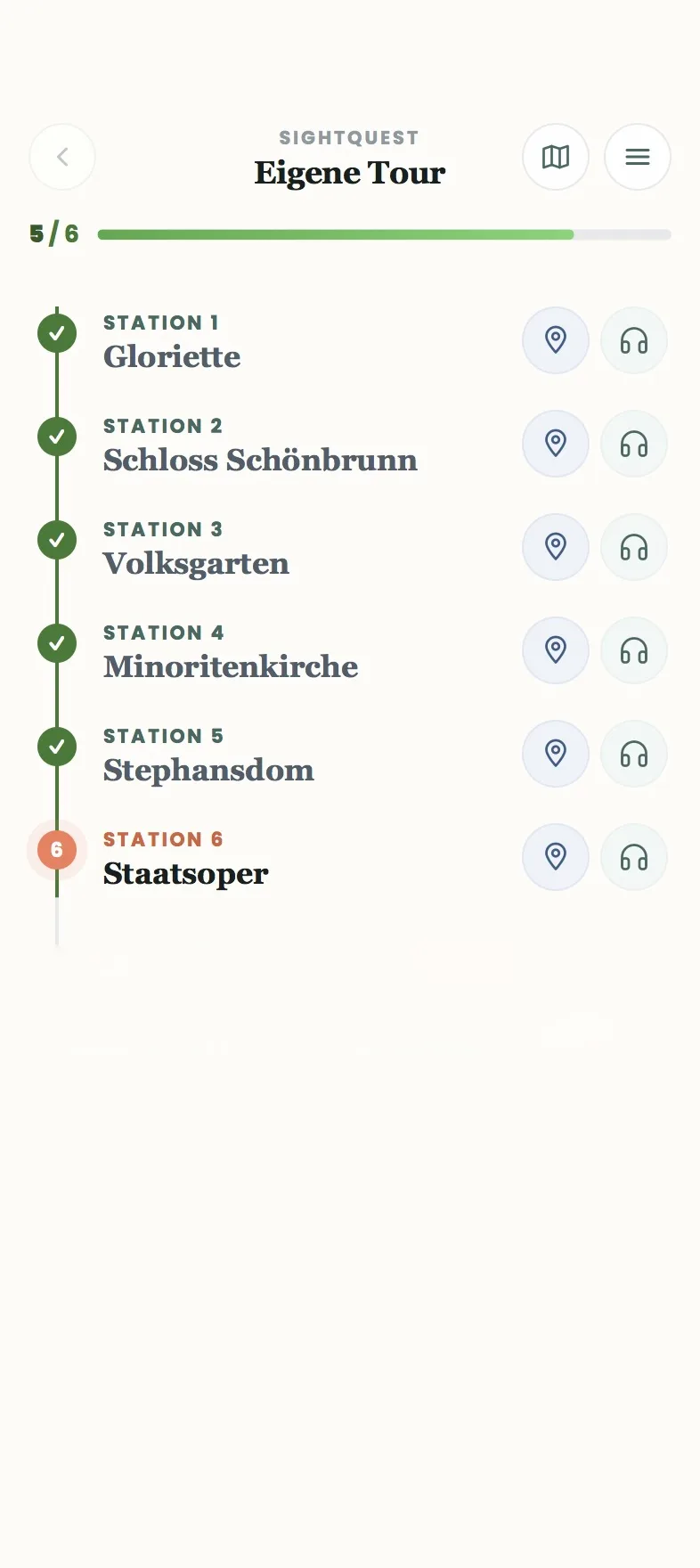 Tour-Übersicht mit Stationsliste, Wegbeschreibungs- und Audio-Buttons