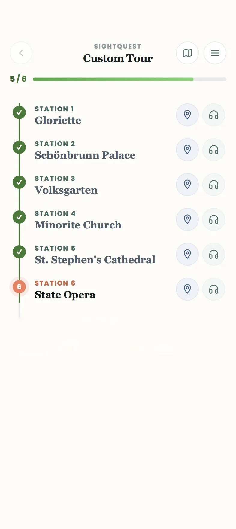 Tour overview with the station list, directions and audio buttons