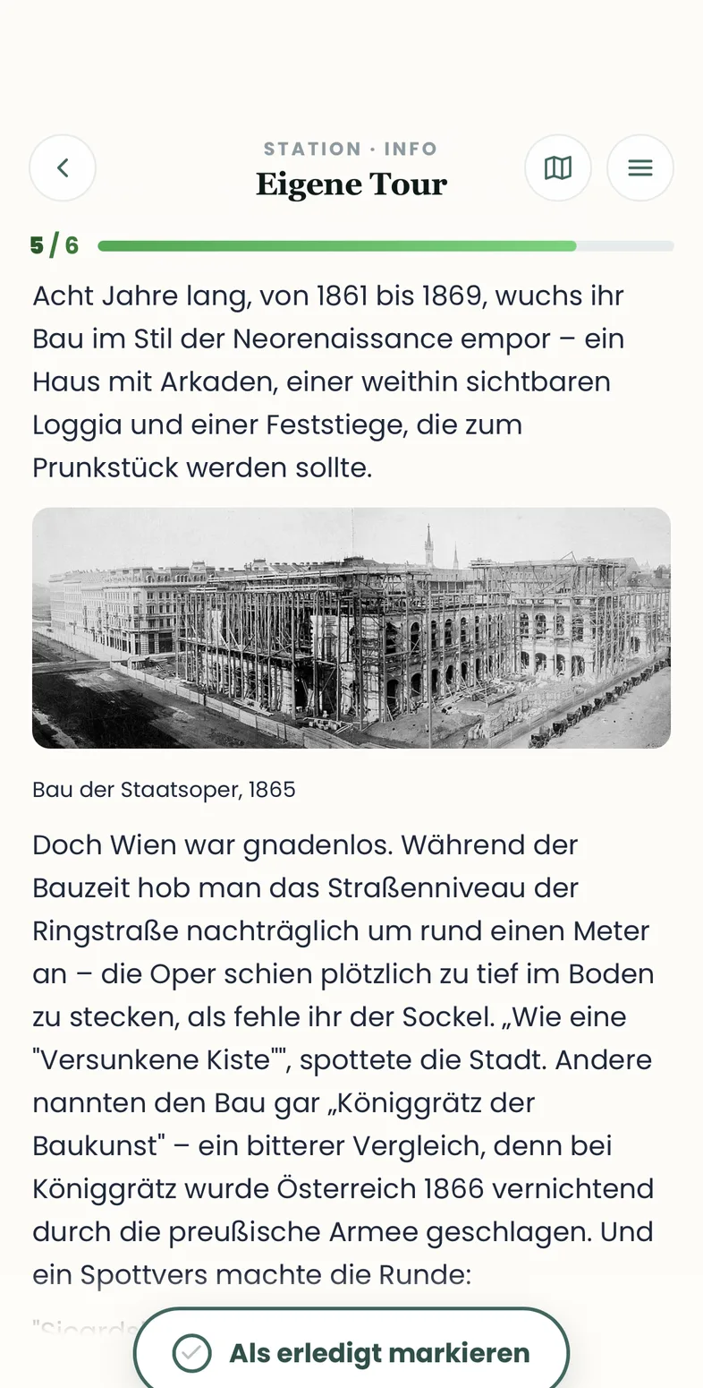 Info-Ansicht mit Infotext und historischem Bild zur Station