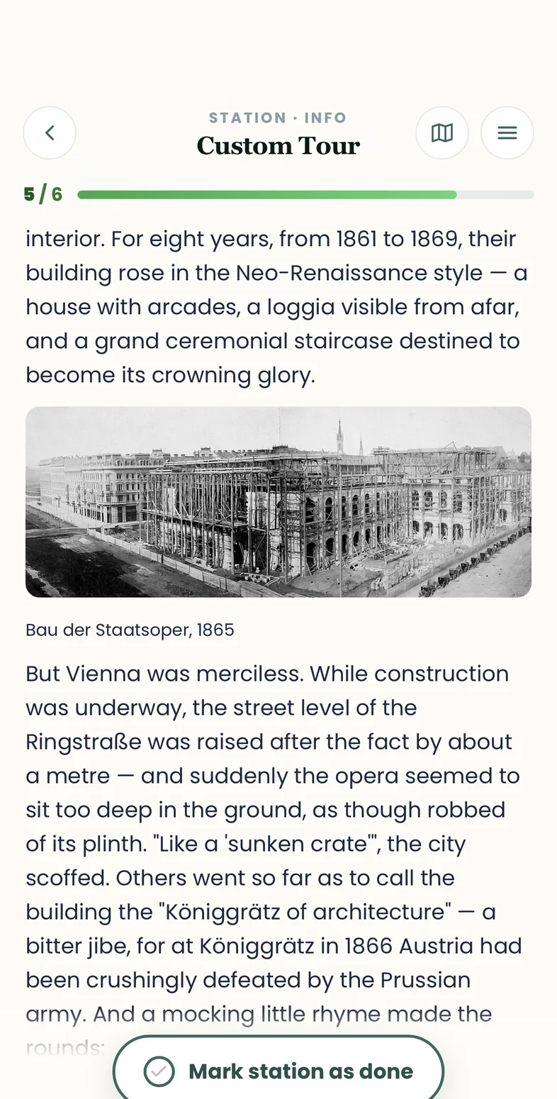 Info view with text and a historical image for the stop
