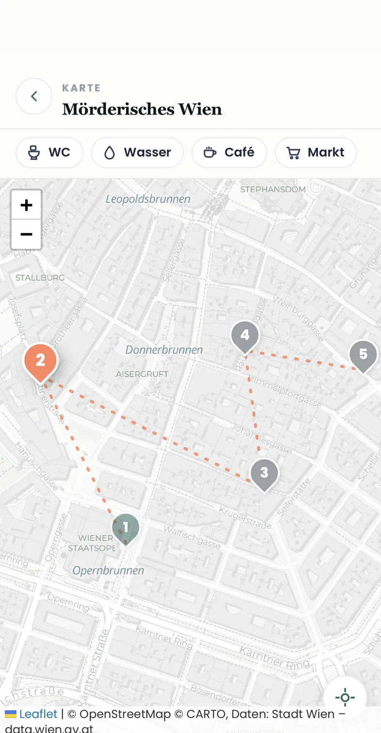 Kartenansicht der Inneren Stadt mit Route und fünf Stations-Pins
