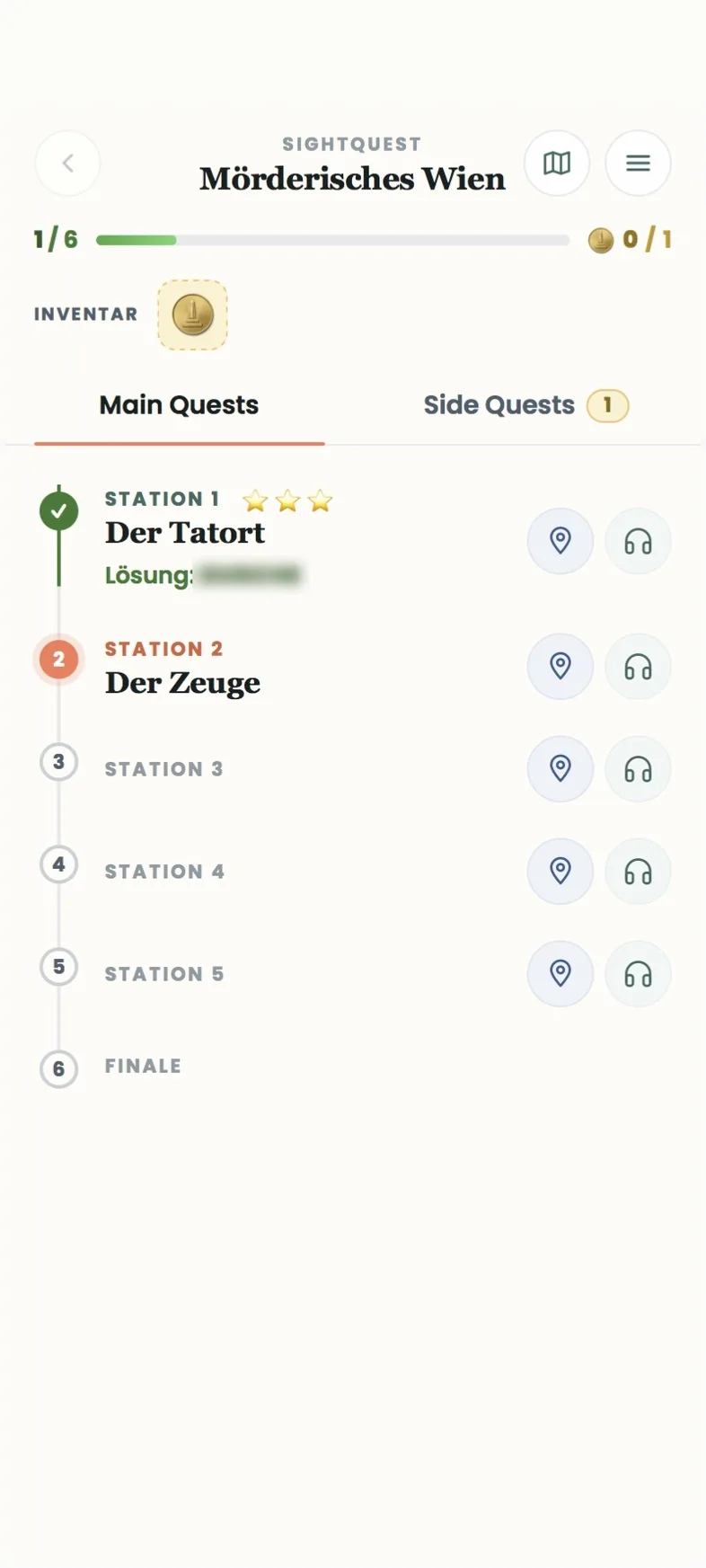 Spielübersicht mit Fortschritt, Inventar und den Stationen bis zum Finale