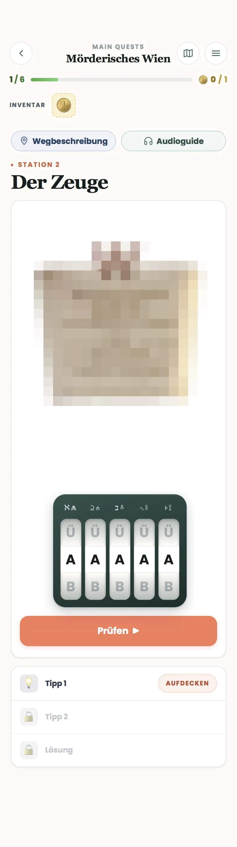 Rätselseite der Main Quest „Der Zeuge“ mit Bild, Buchstabenschloss und Tipps