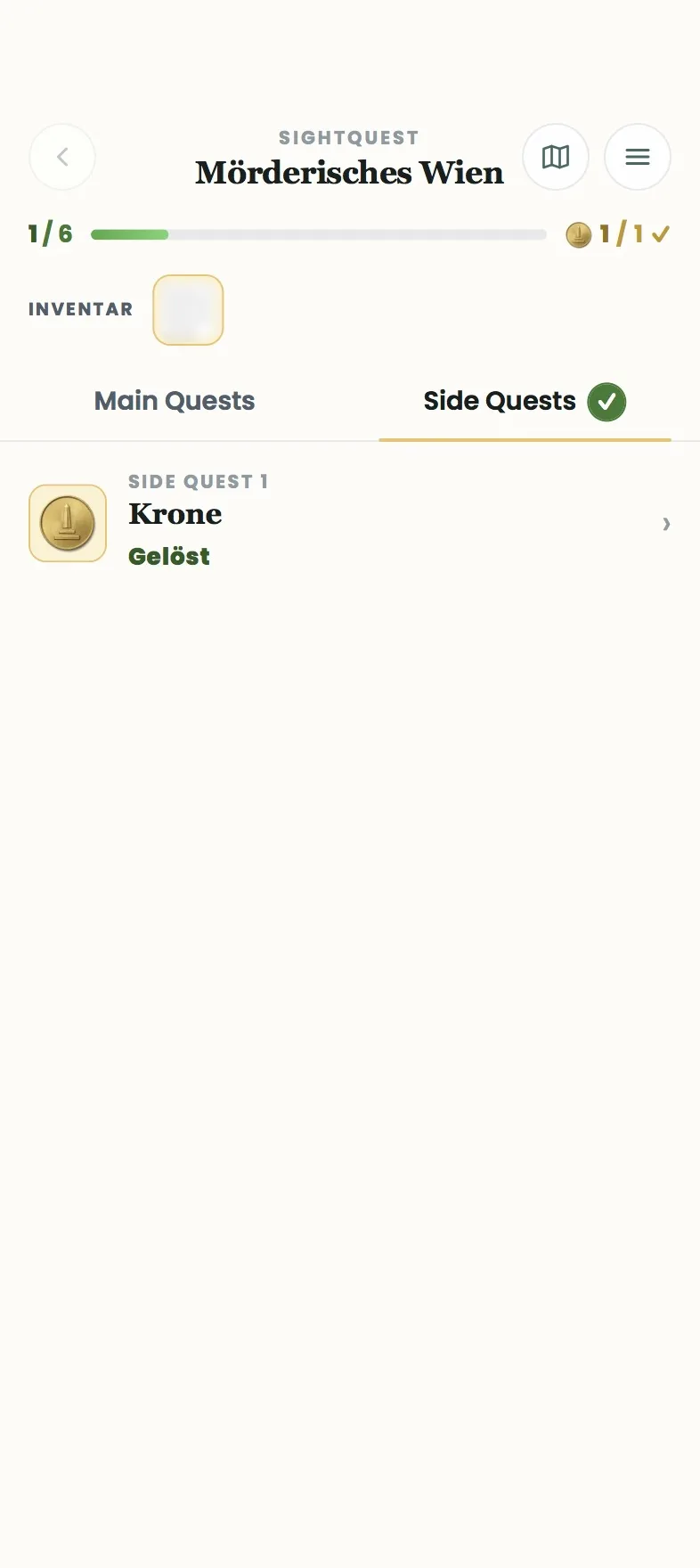 Übersicht der Side Quests mit der gelösten Side Quest „Krone“