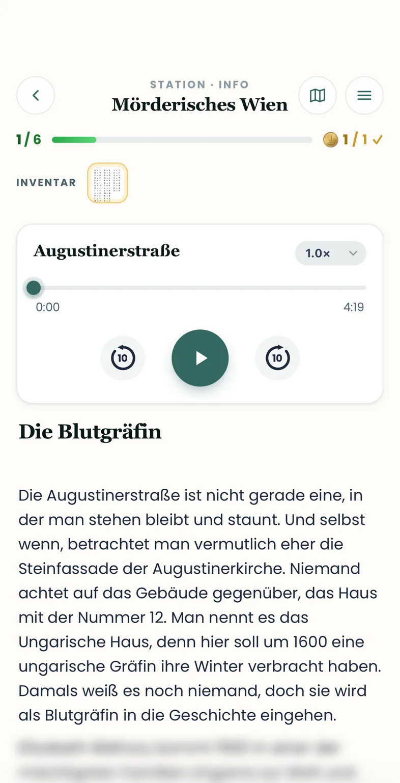 Info-Ansicht „Die Blutgräfin“ mit Audioguide und Infotext zur Augustinerstraße