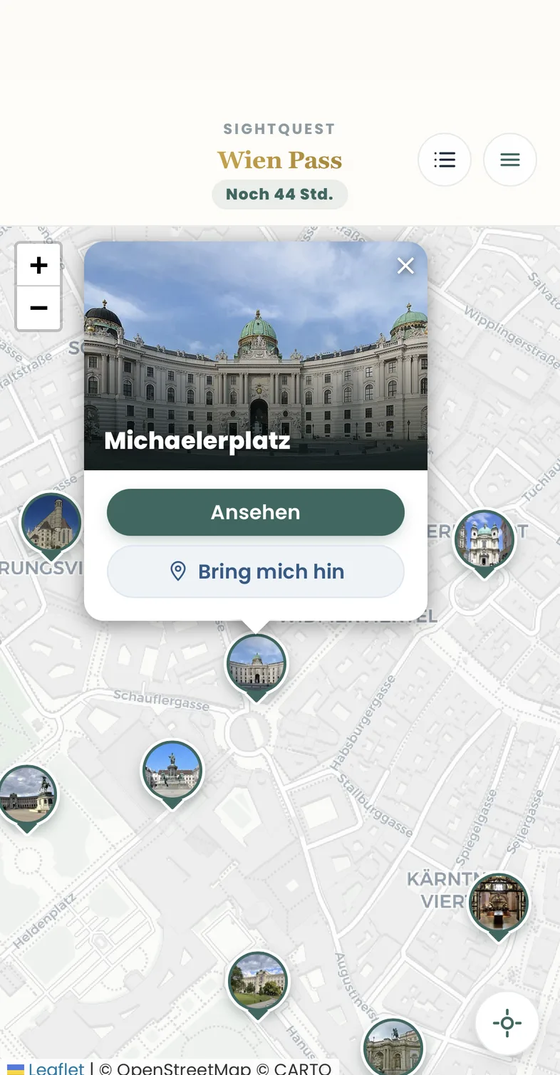 Kartenansicht des Wien Passes mit Foto-Pins der Sehenswürdigkeiten und angetipptem Pin Michaelerplatz