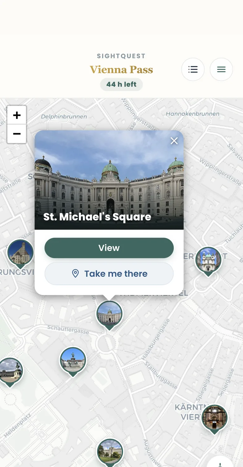 Map view of the Vienna Pass with photo pins of the sights and the tapped Michaelerplatz pin