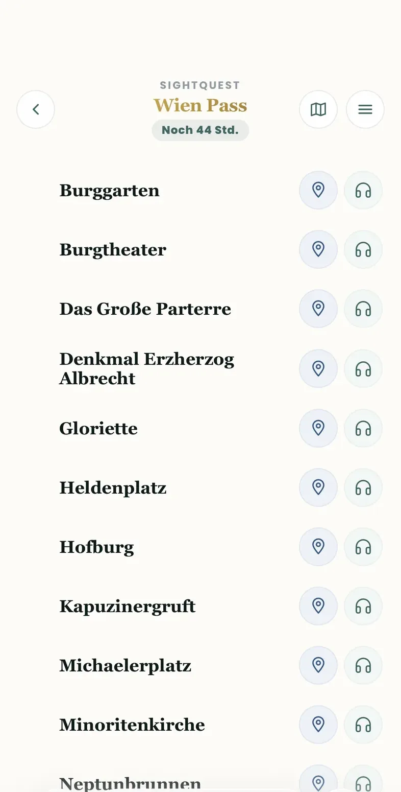 Alphabetische Liste aller Sehenswürdigkeiten mit Wegbeschreibungs- und Audio-Buttons