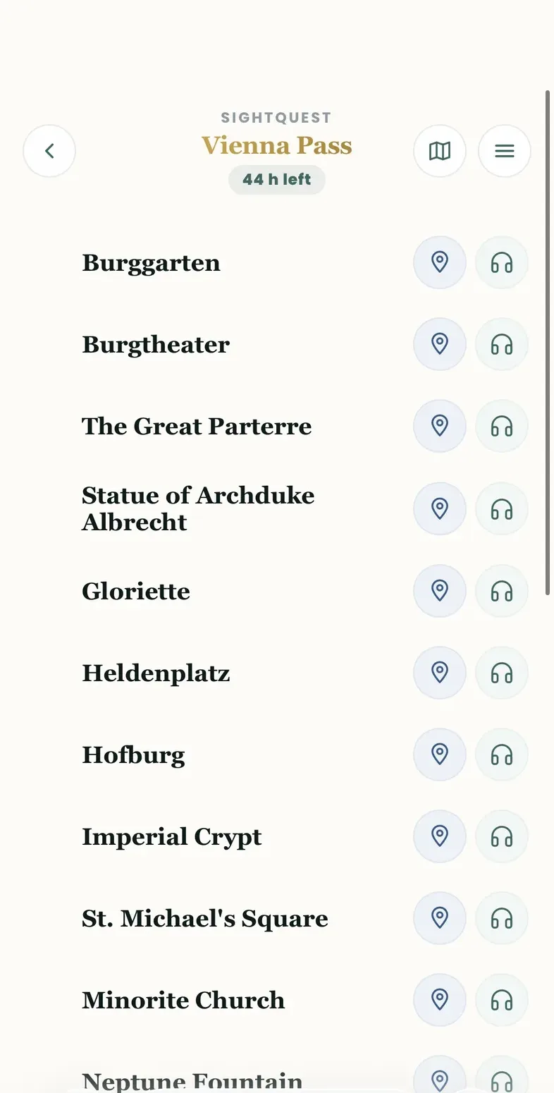 Alphabetical list of all the sights with directions and audio buttons