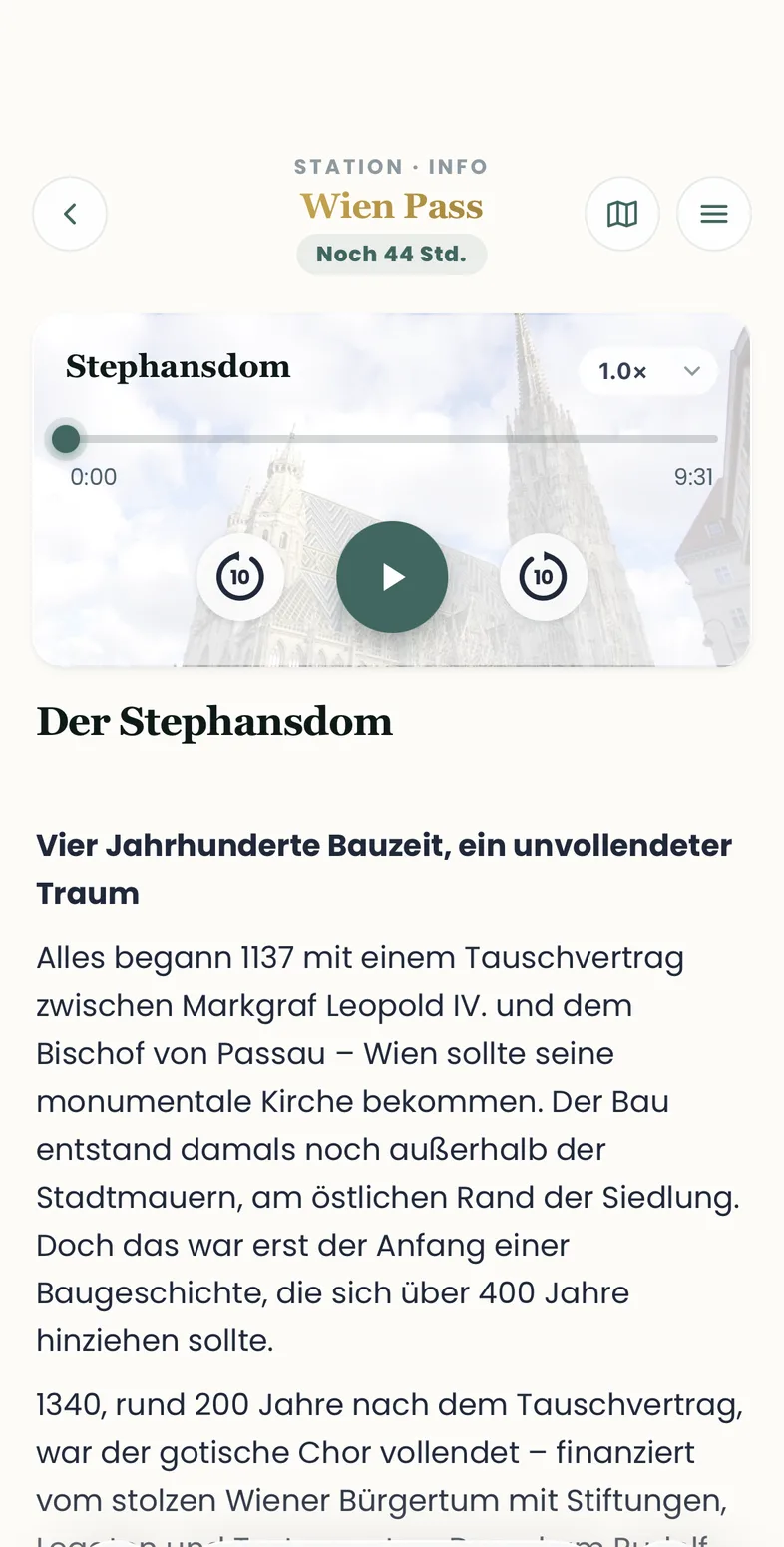 Audio-Player mit dem Titel Stephansdom und Wiedergabe-Steuerung