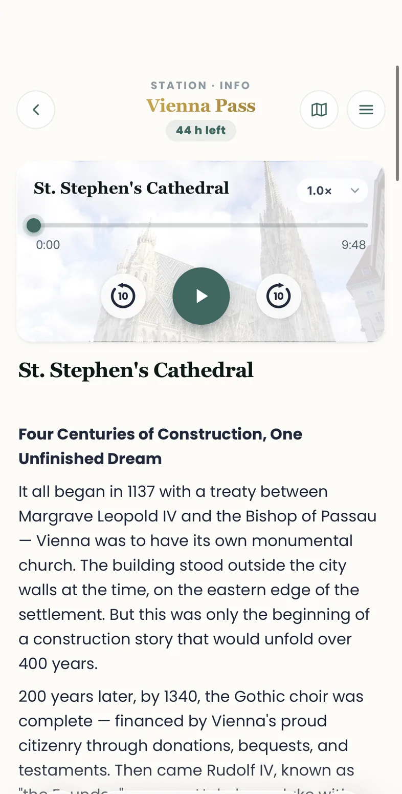 Audio player showing the Stephansdom track and playback controls