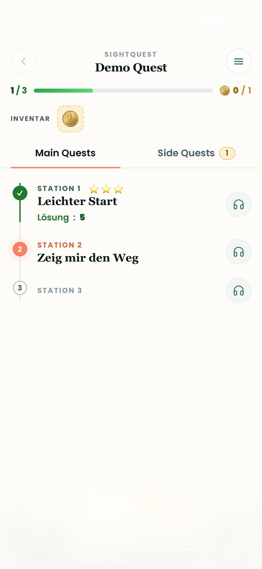 Quest-Übersicht mit Stationsliste und Inventar