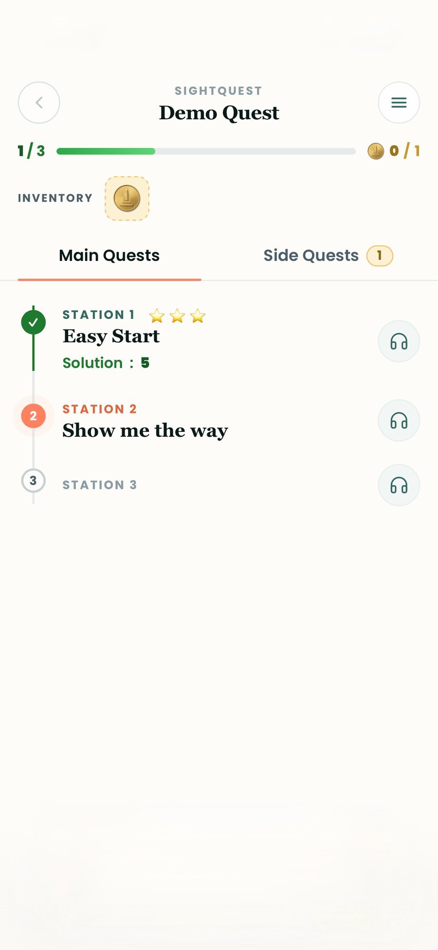 Quest overview with station list and inventory