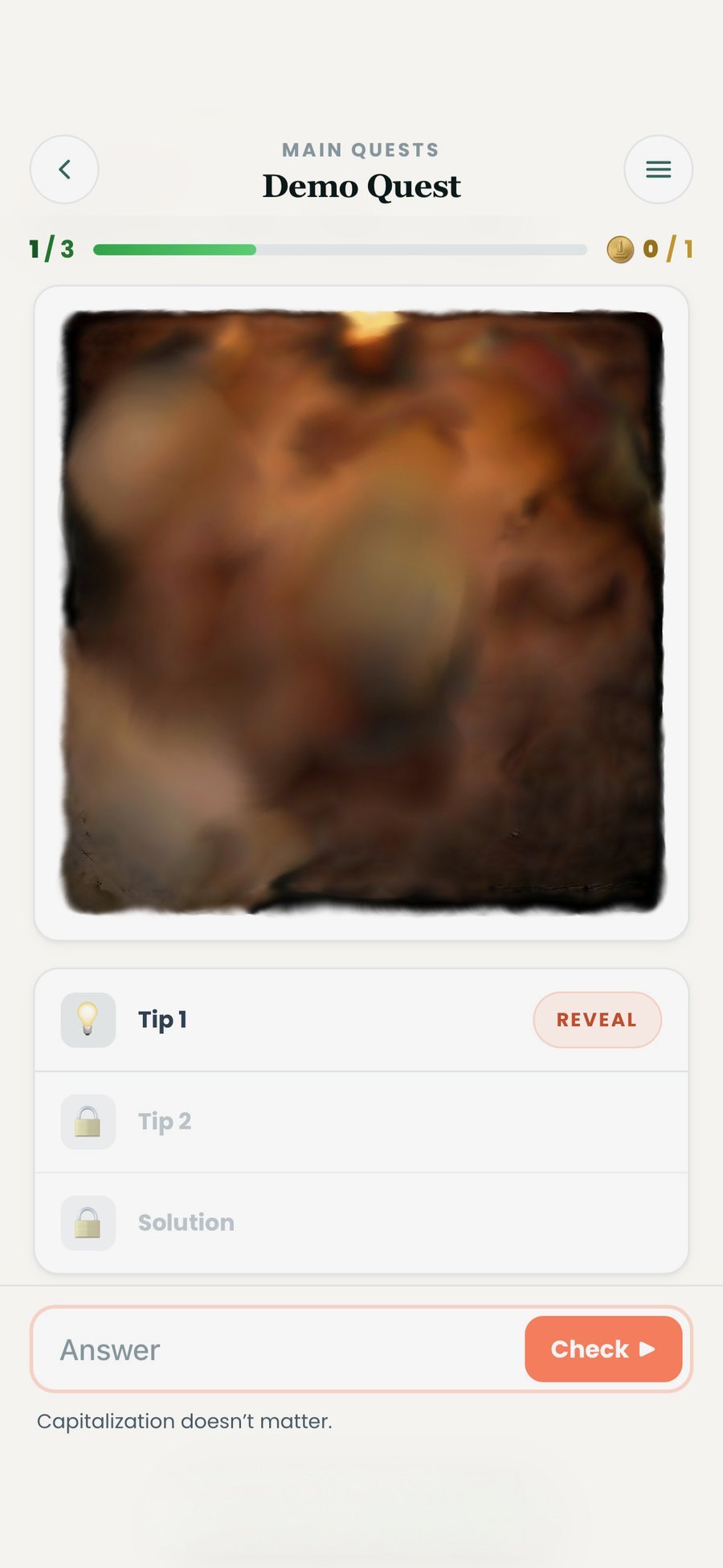 Puzzle screen with hint and solution panel