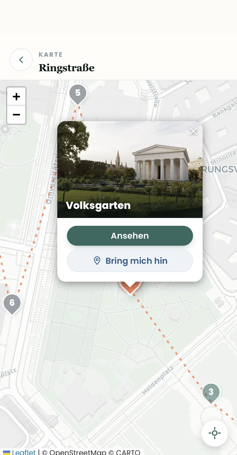 Kartenansicht der Ringstraßen-Tour mit Route und angetipptem Pin Volksgarten