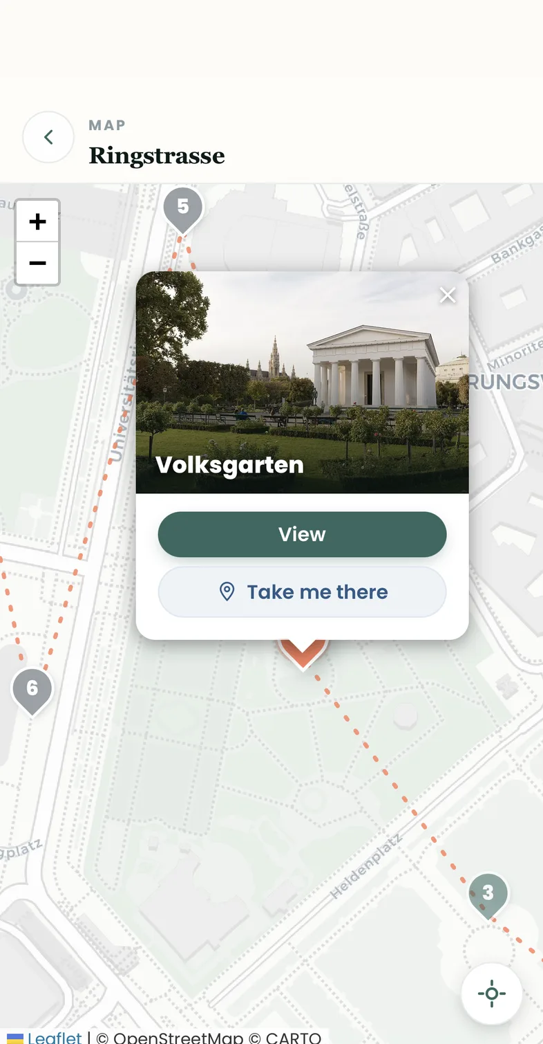 Map view of the Ringstrasse tour with route and the tapped Volksgarten pin