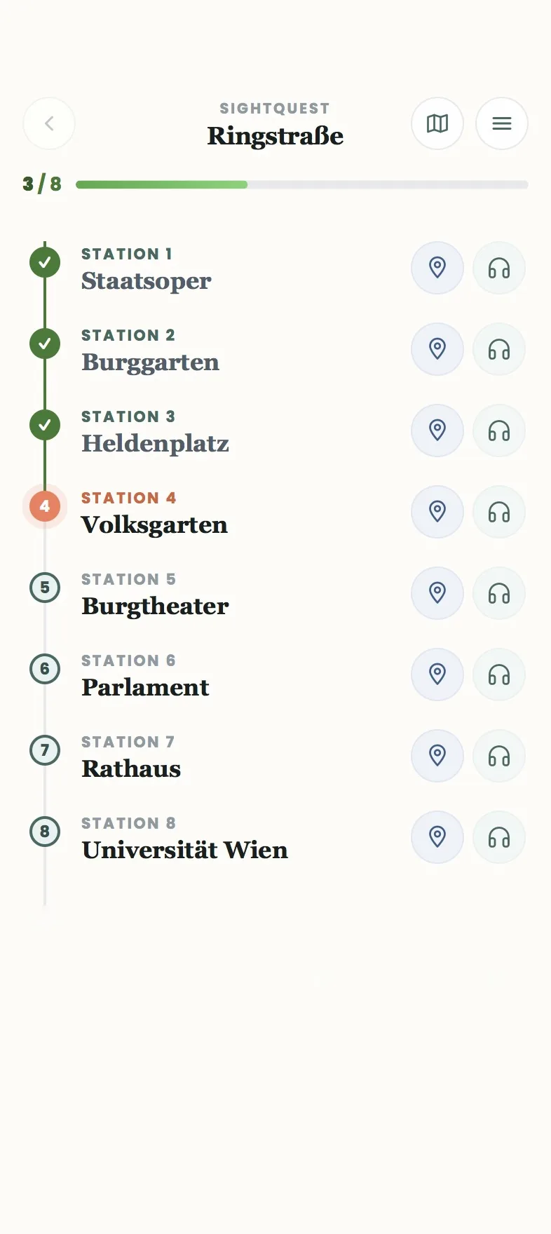 Tour-Übersicht mit Stationsliste, Wegbeschreibungs- und Audio-Buttons