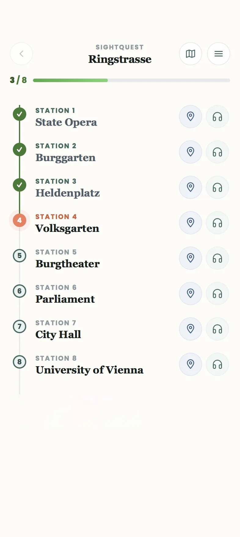 Tour overview with the station list, directions and audio buttons