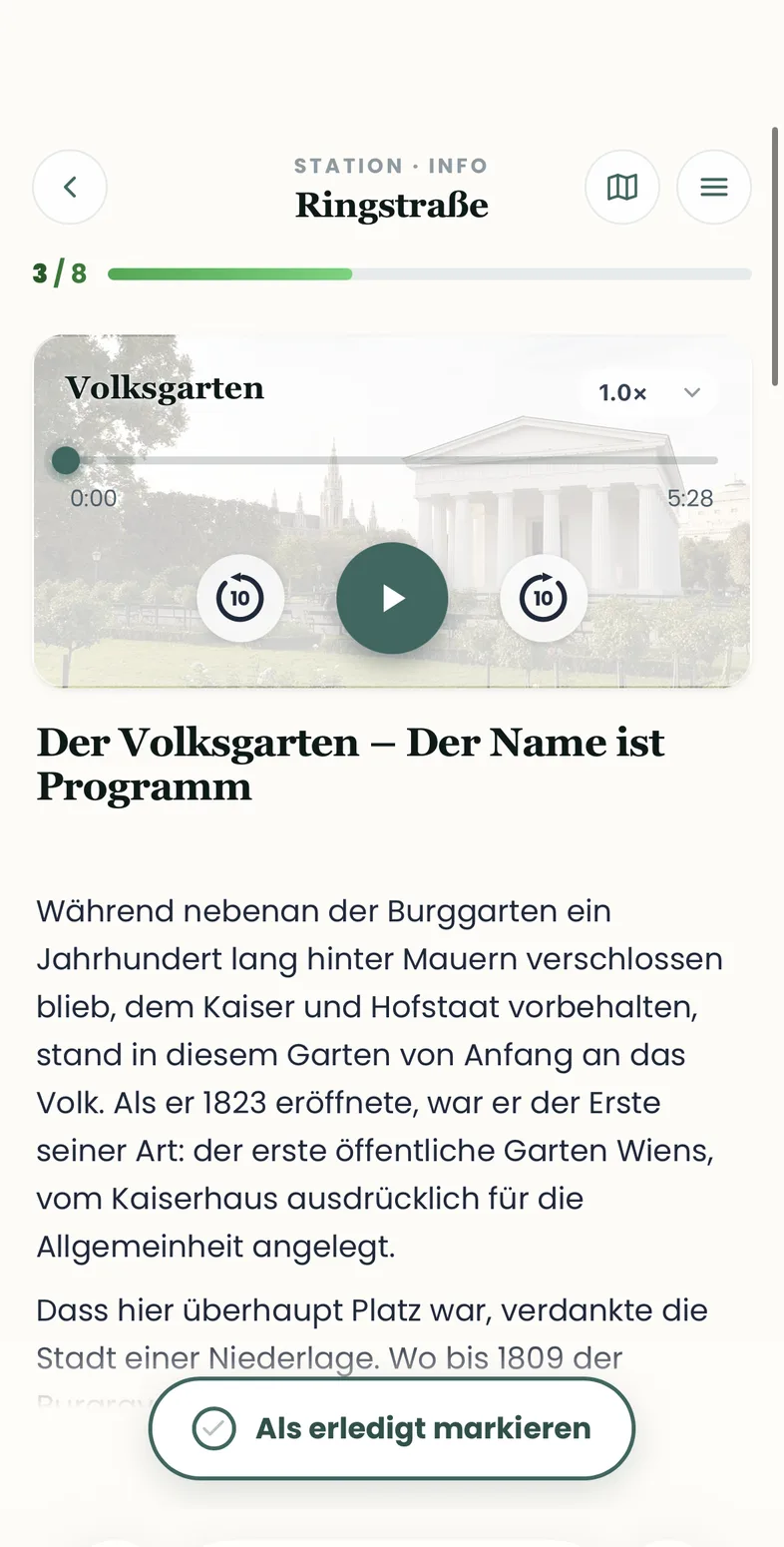 Audio-Player mit dem Titel Volksgarten und Wiedergabe-Steuerung