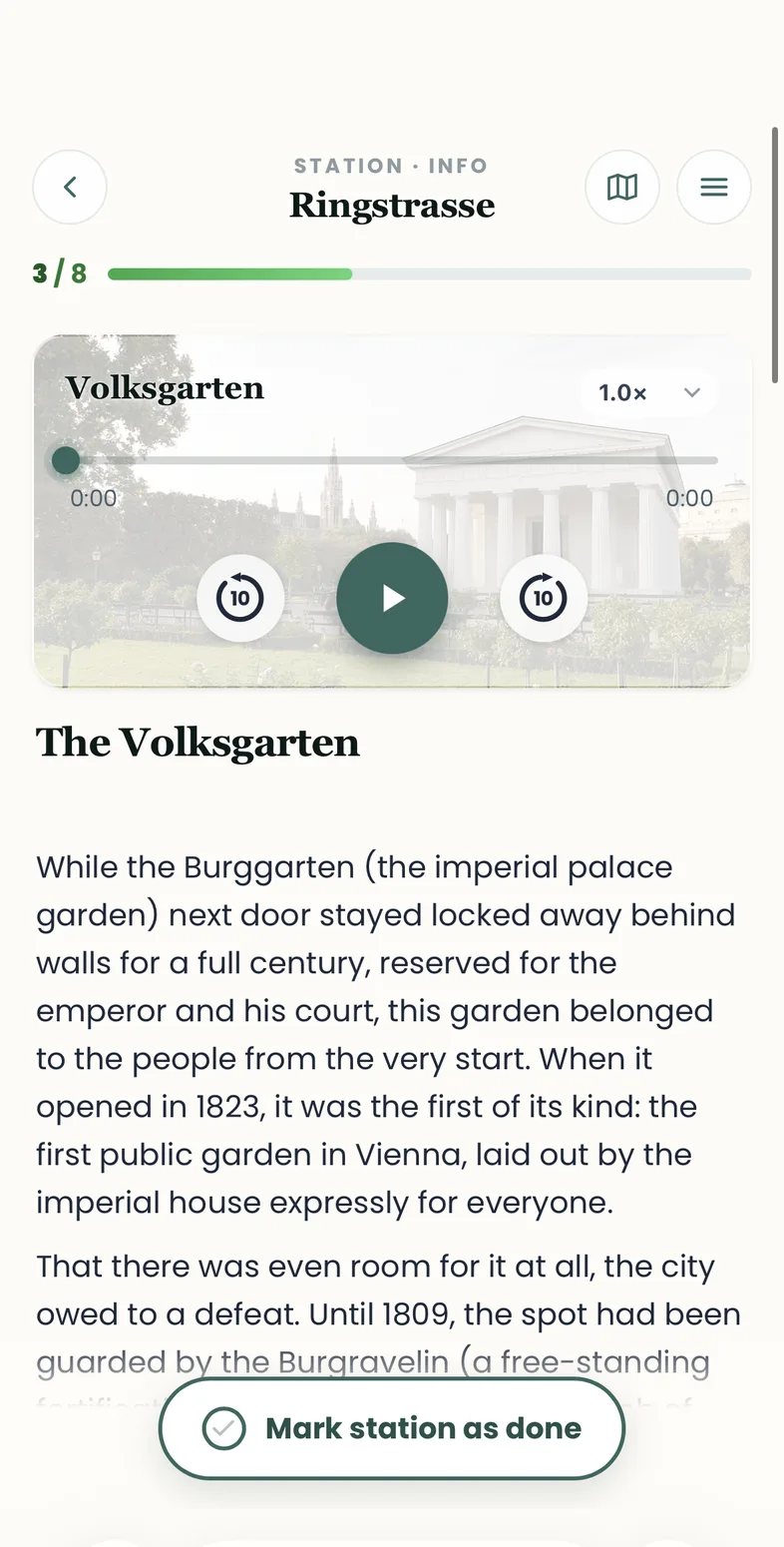 Audio player showing the Volksgarten track and playback controls