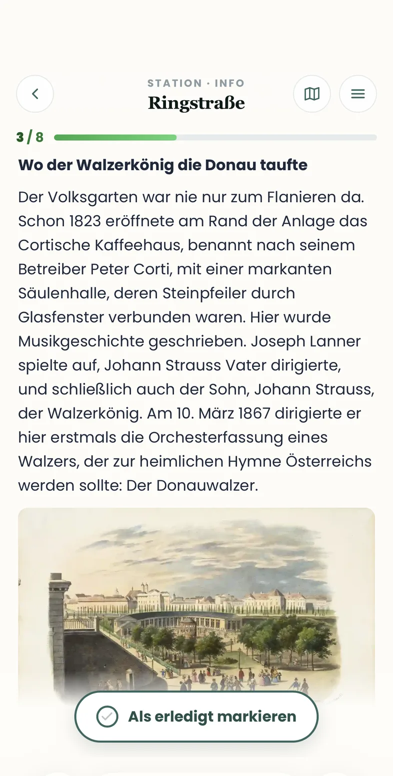 Info-Ansicht mit Infotext und historischem Bild zur Station Volksgarten