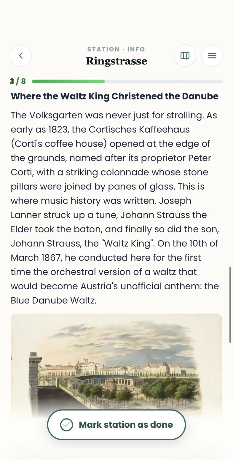 Info view with text and a historical image for the Volksgarten stop