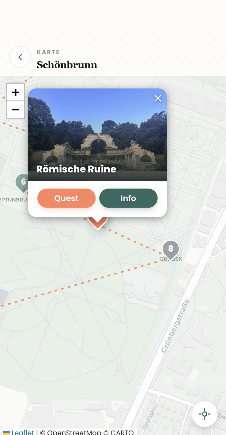 Kartenansicht des Schlossparks Schönbrunn mit Route und angetipptem Pin Römische Ruine