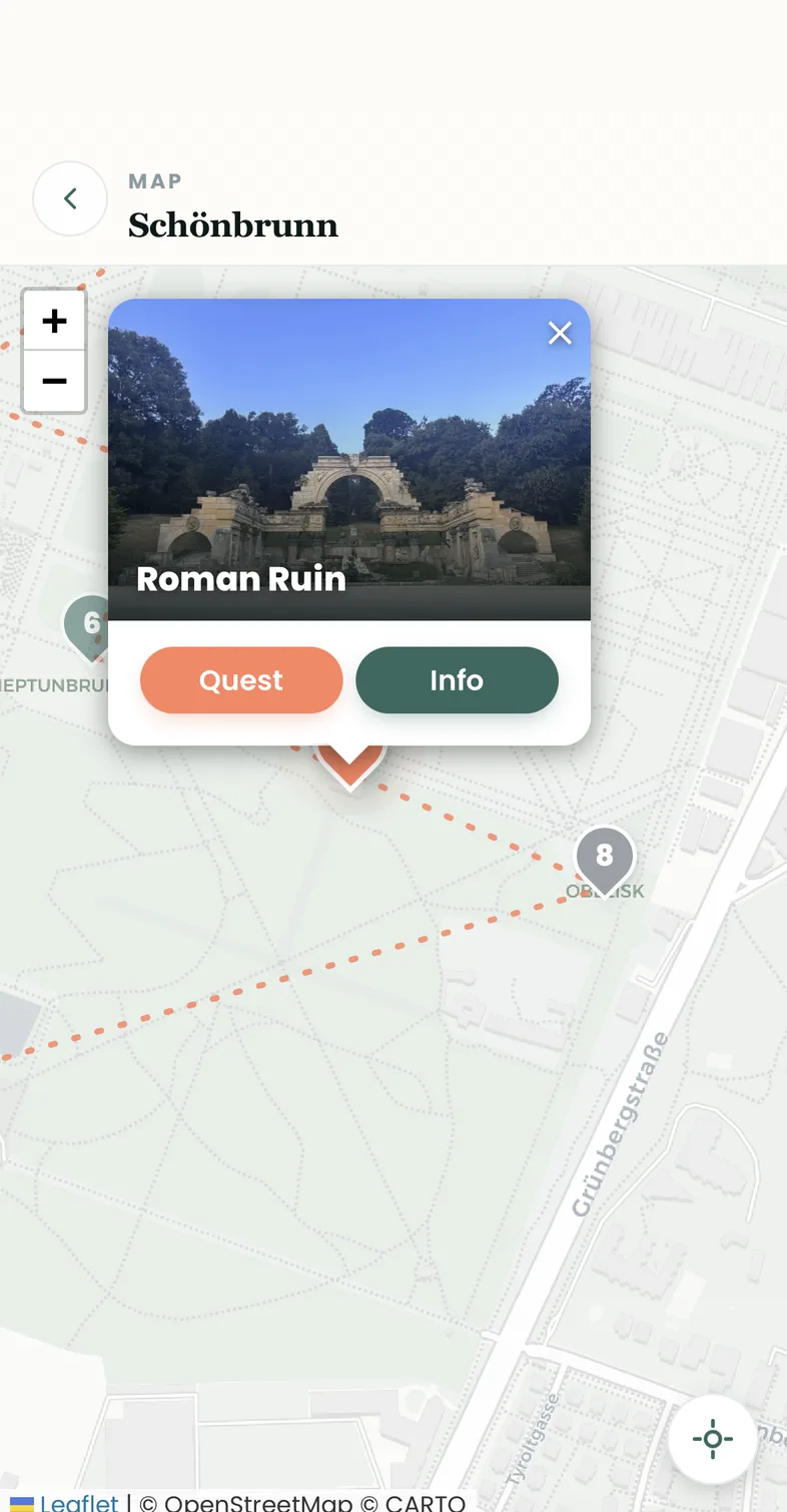 Map view of the Schönbrunn palace park with route and the tapped Roman Ruin pin