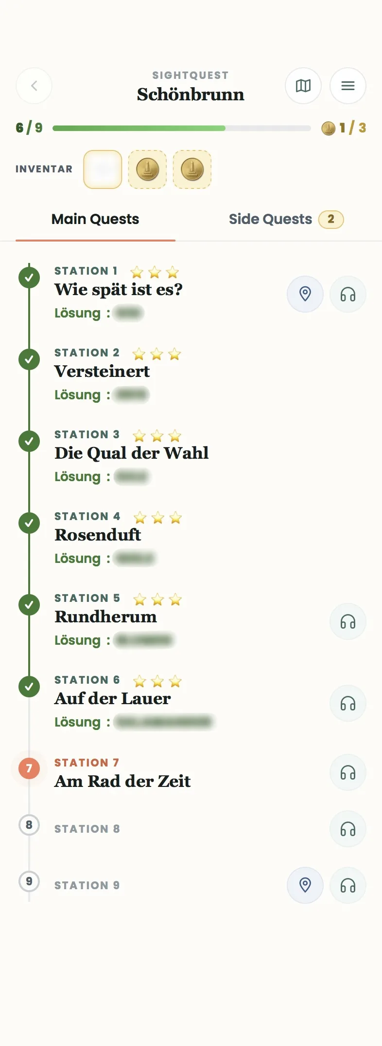Quest-Übersicht mit Fortschritt, Inventar und Stationsliste