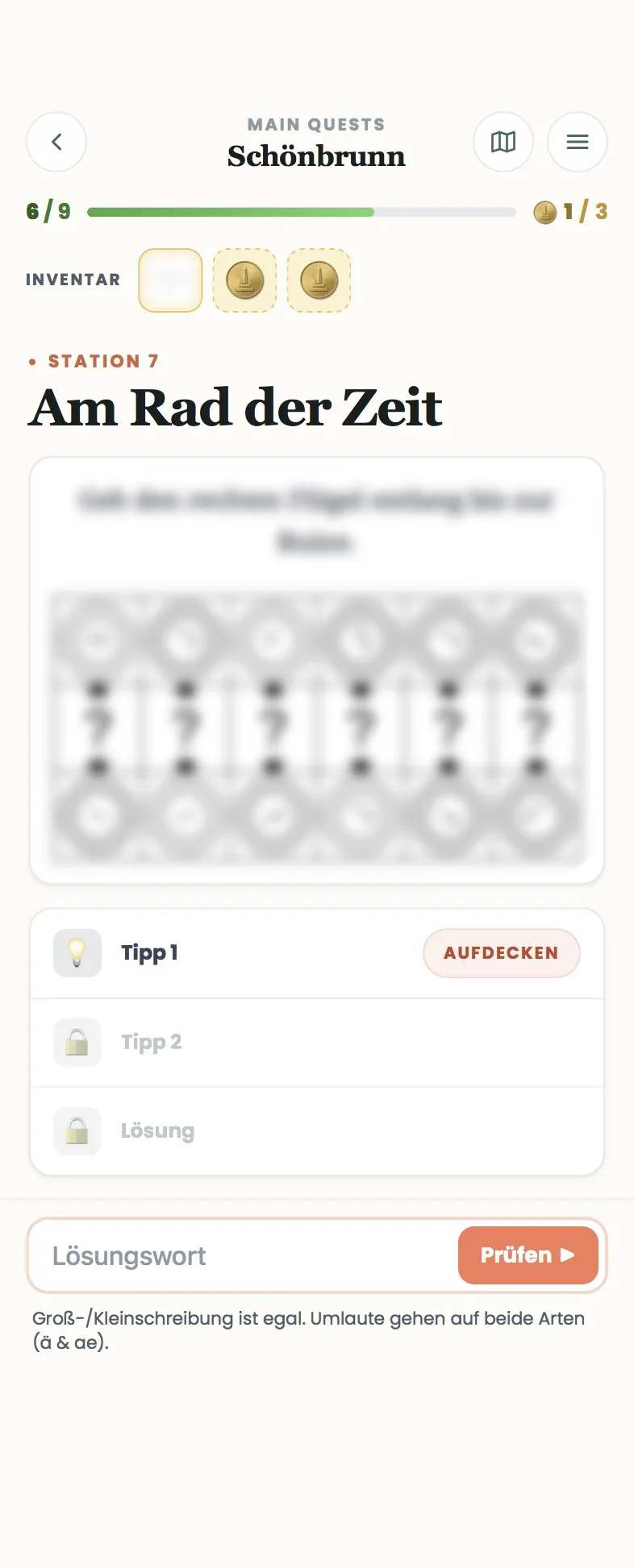 Rätselseite einer Main Quest mit Bild, Tipps und Lösungswort-Eingabe