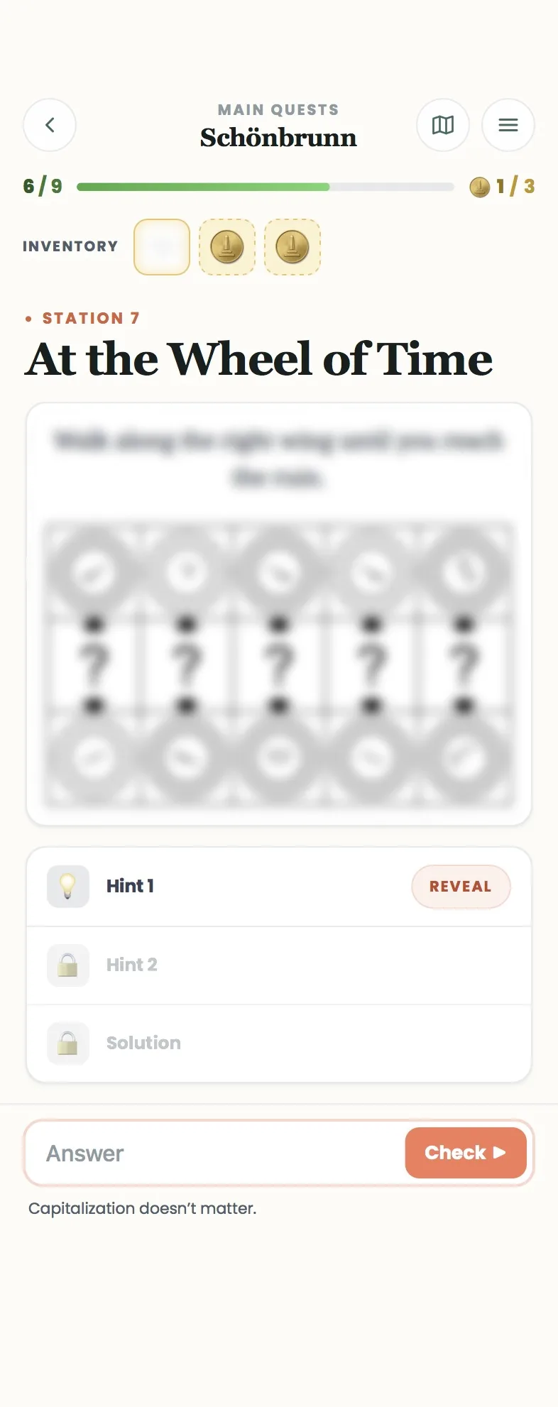 Main Quest puzzle screen with image, hints and answer field