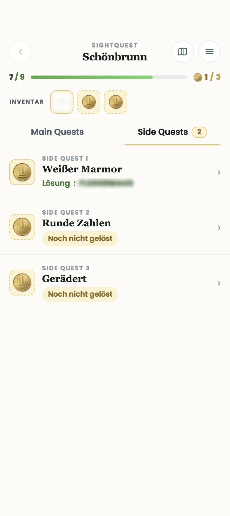 Side-Quest-Übersicht mit gelöster und offenen Bonus-Rätseln