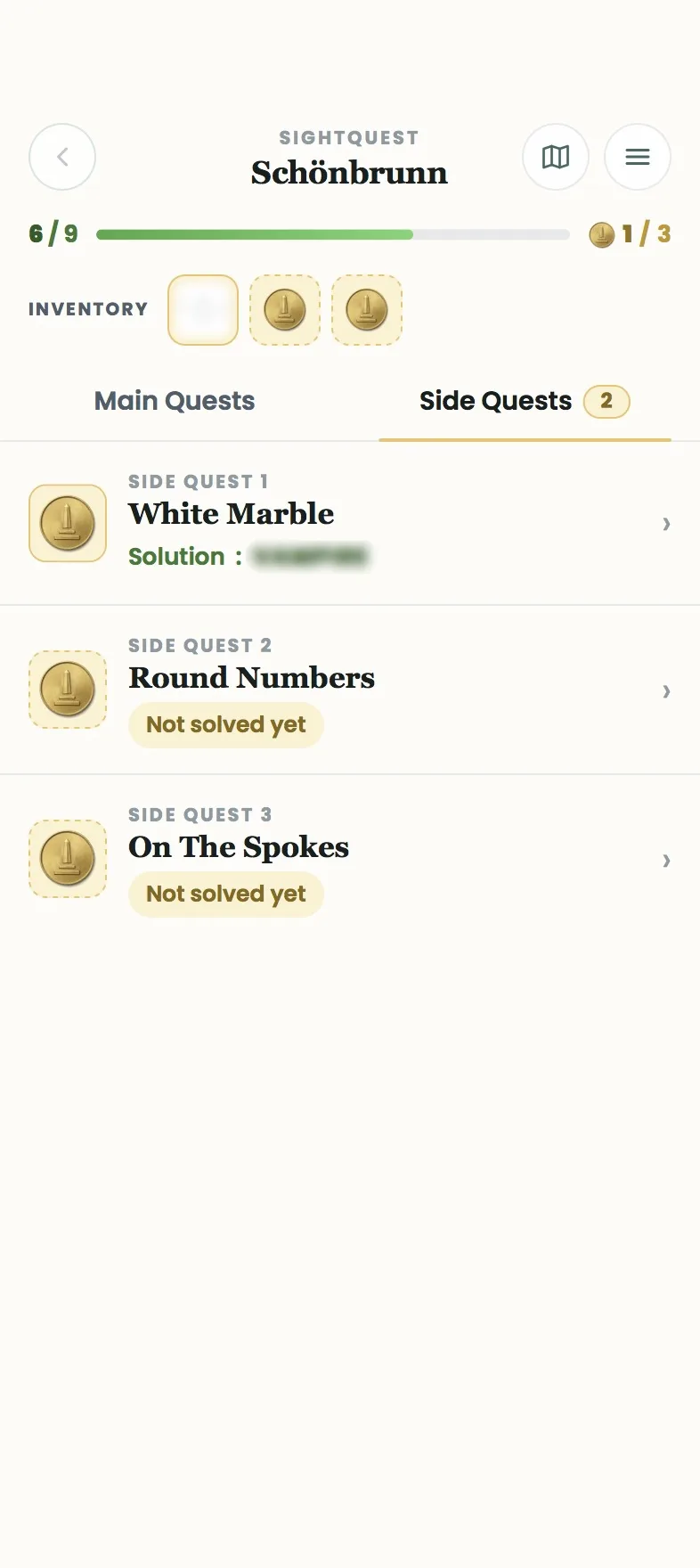 Side Quest overview with one solved and two open bonus puzzles