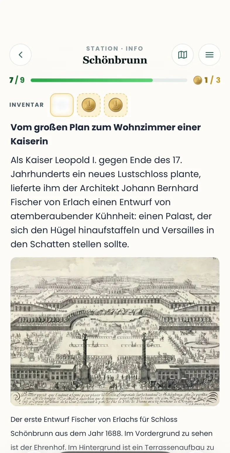 Info-Ansicht mit Infotext, historischem Kupferstich und Audio-Guide