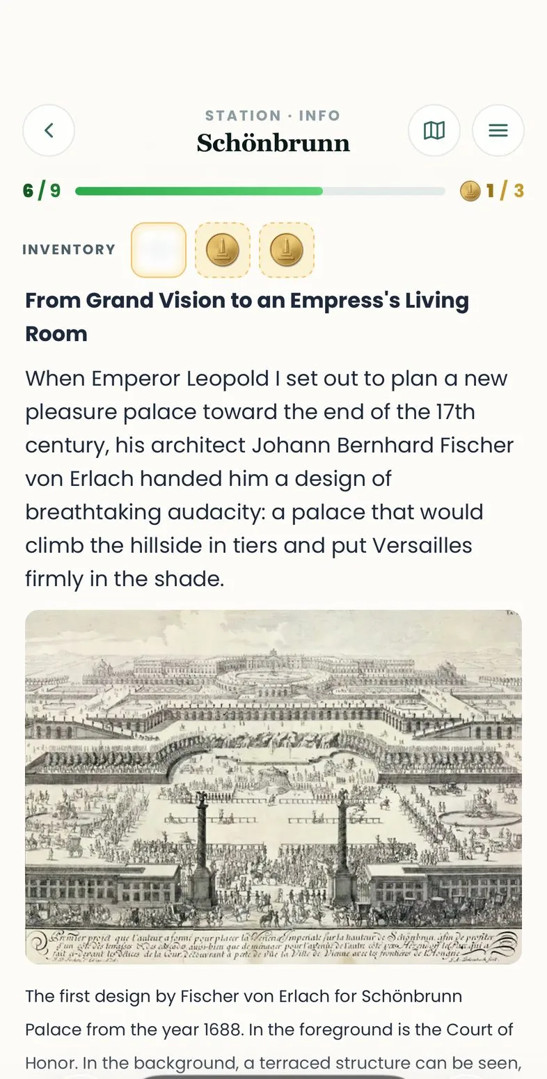 Info view with text, a historical engraving and an audio guide