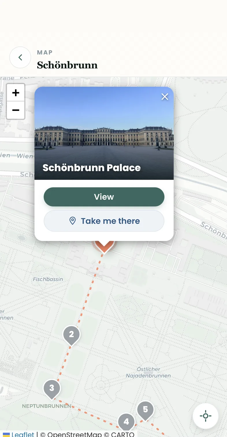 Map view of the Schönbrunn palace park tour with route and the tapped Schloss Schönbrunn pin
