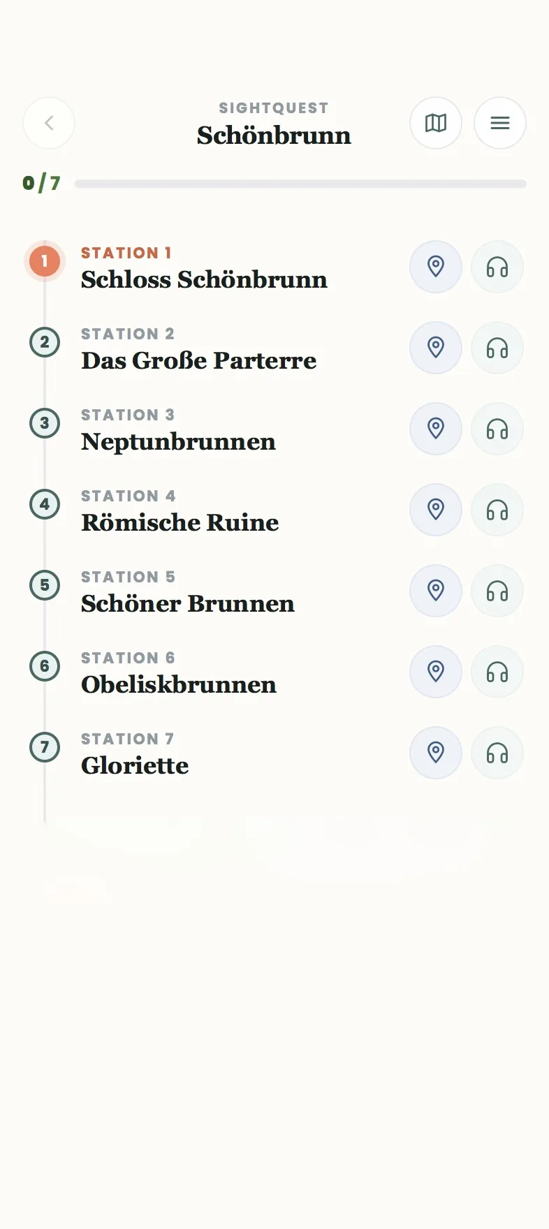 Tour-Übersicht mit Stationsliste, Wegbeschreibungs- und Audio-Buttons