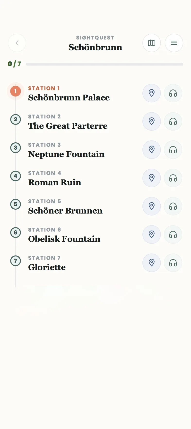 Tour overview with the station list, directions and audio buttons