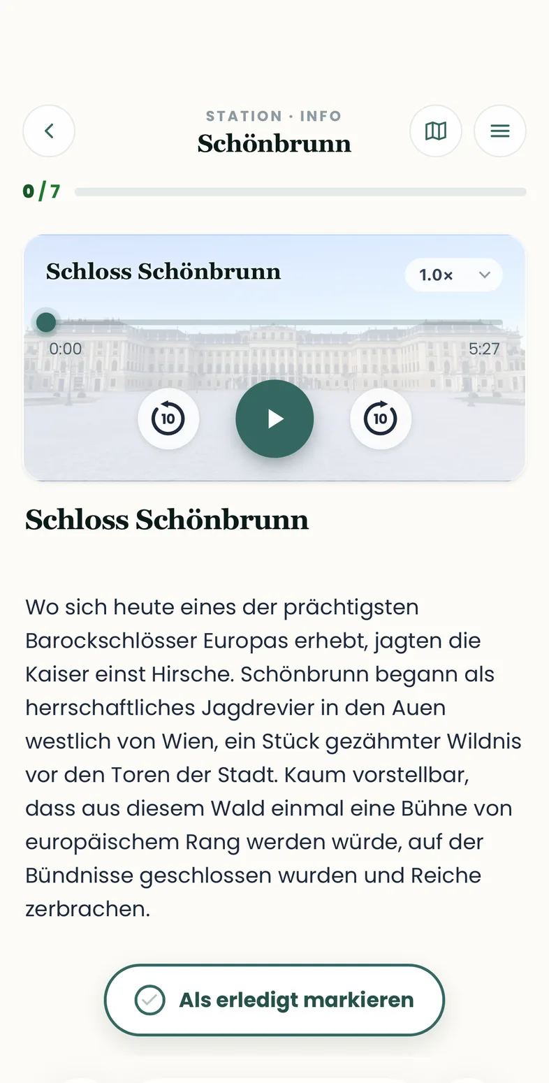 Audio-Player mit dem Titel Schloss Schönbrunn und Wiedergabe-Steuerung