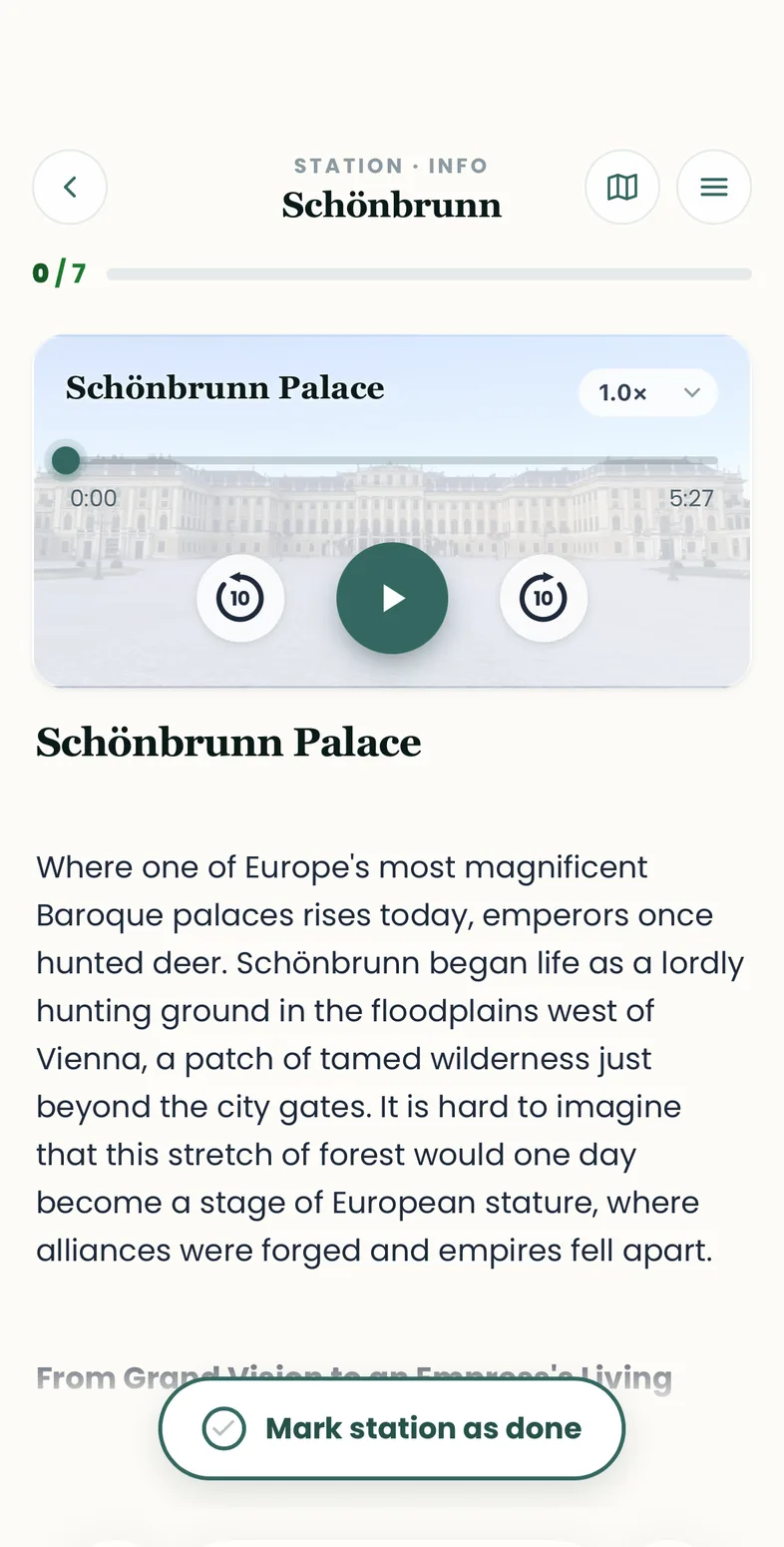 Audio player showing the Schloss Schönbrunn track and playback controls