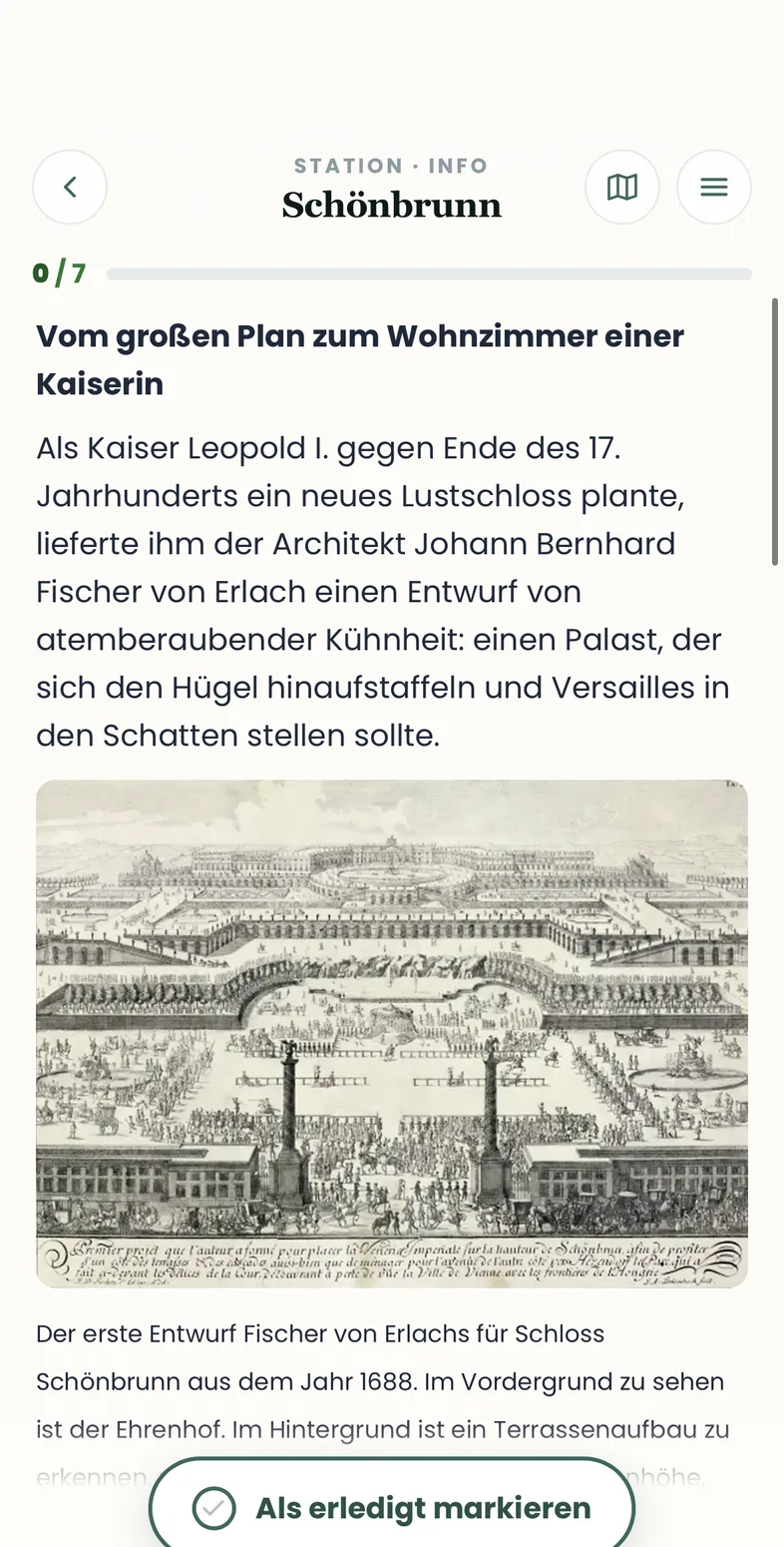 Info-Ansicht mit Infotext und historischem Bild zur Station