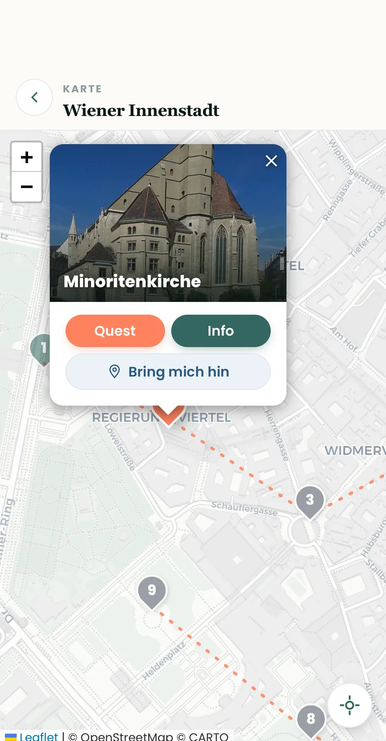 Kartenansicht mit Route und angetipptem Pin Minoritenkirche
